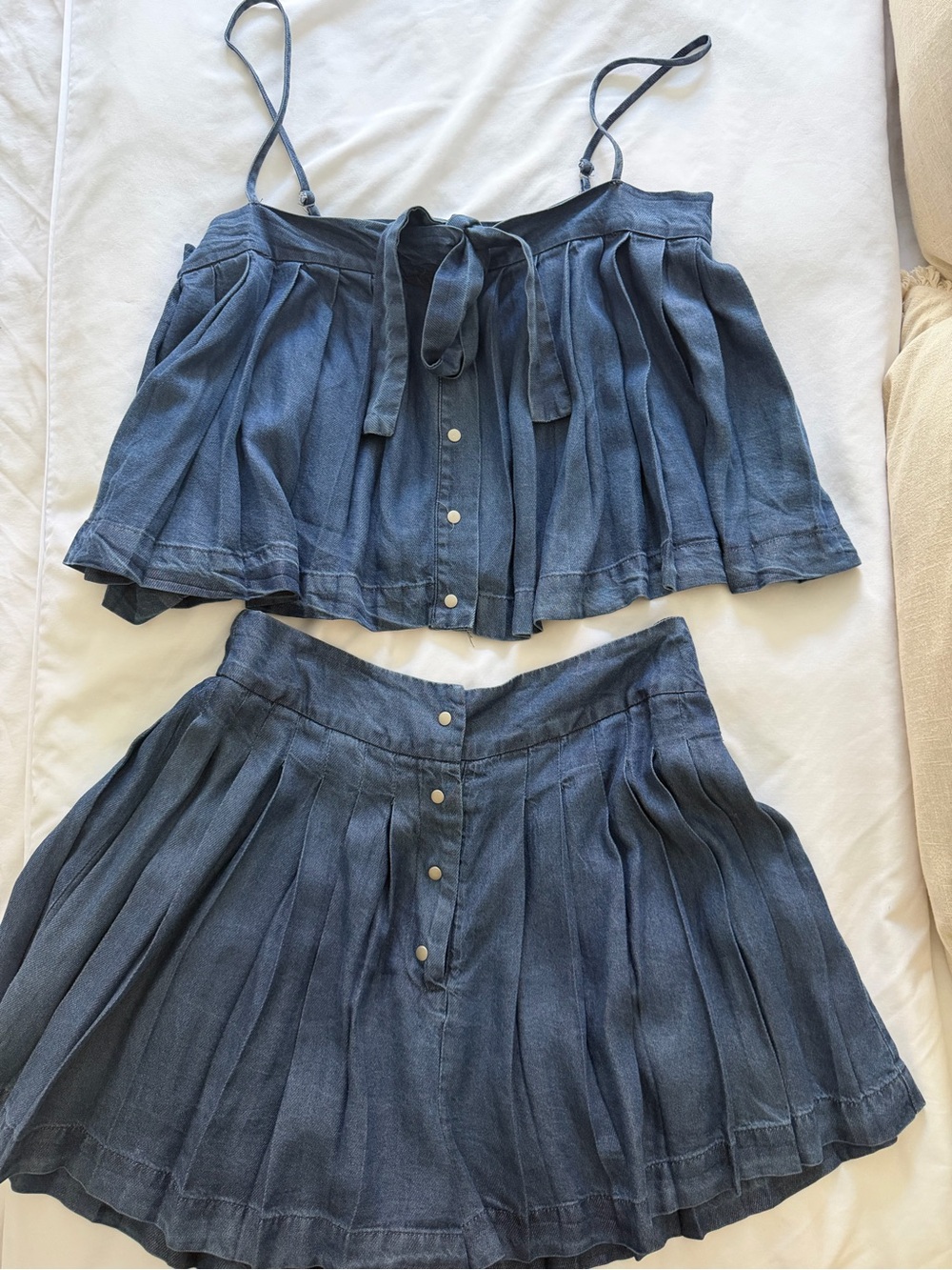 Women’s Blue Pleated Mini Short set - Classic Denim Look